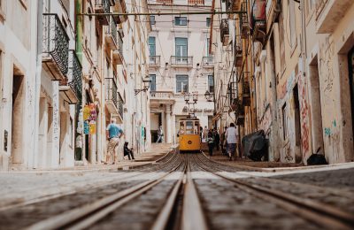 train between buildings